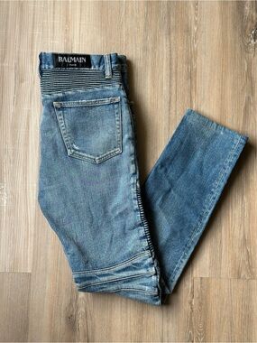 Authentic BALMAIN PARIS Men's Biker Jeans Blue Distressed Moto Denim Size 30